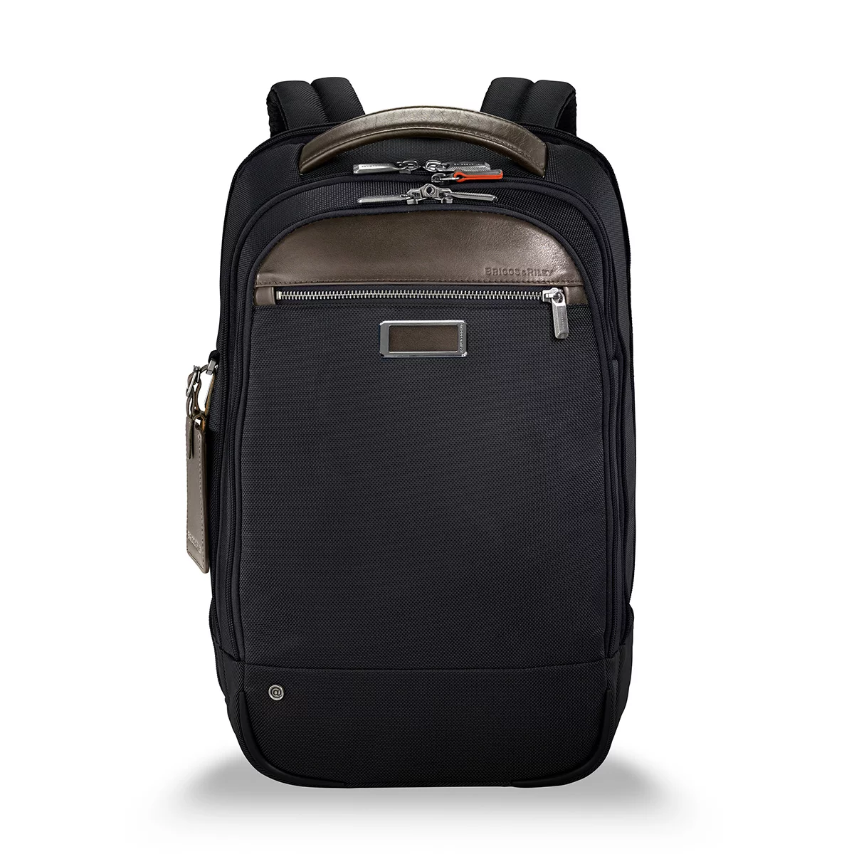 Black Briggs & Riley @work Medium Backpack with structured ballistic nylon finish standing upright, showcasing side zippers and top padded handle.
