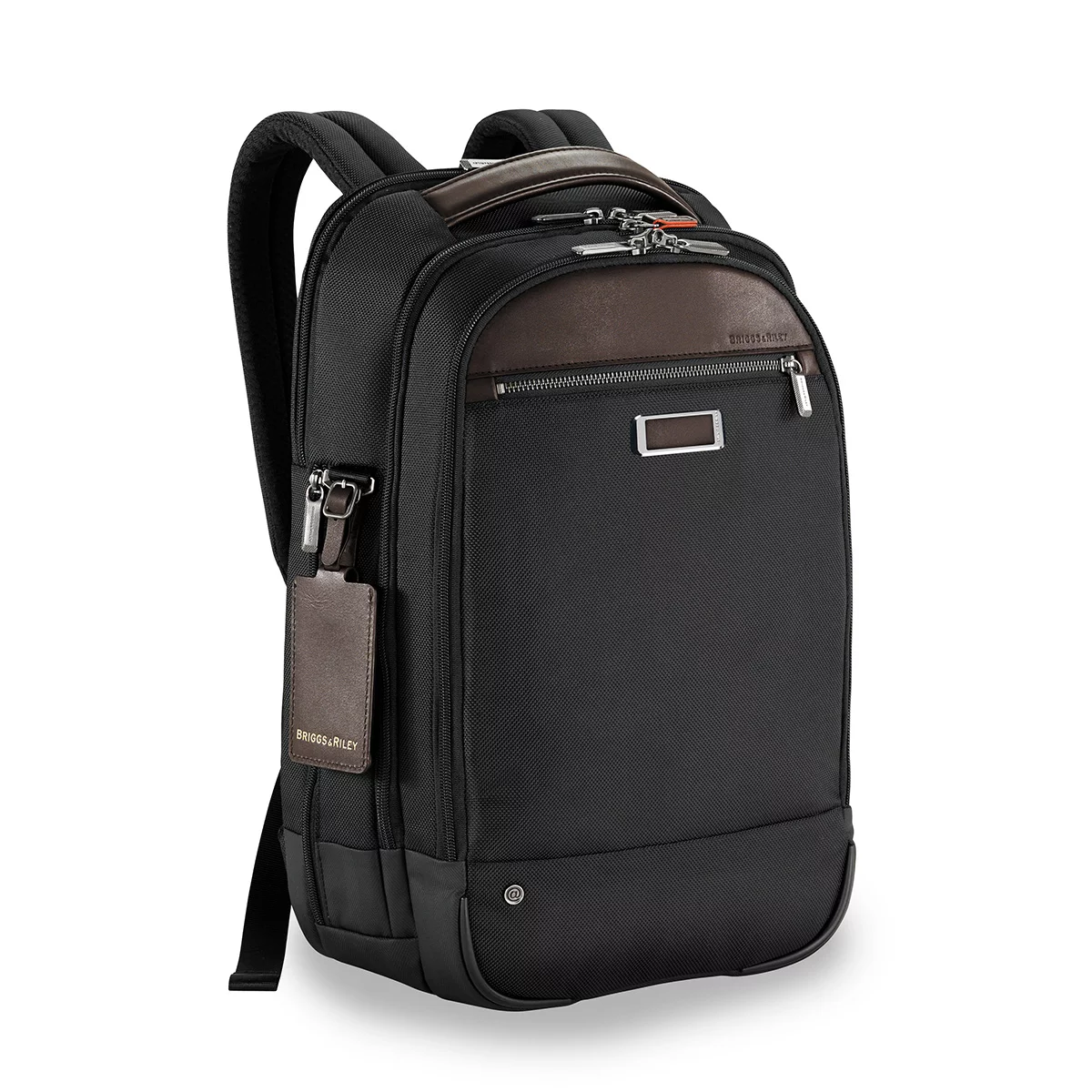 Black Briggs & Riley @work Medium Backpack with structured ballistic nylon finish standing upright, showcasing side zippers and top padded handle.