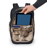 Black Briggs & Riley @work Medium Backpack with structured ballistic nylon finish standing upright, showcasing side zippers and top padded handle.