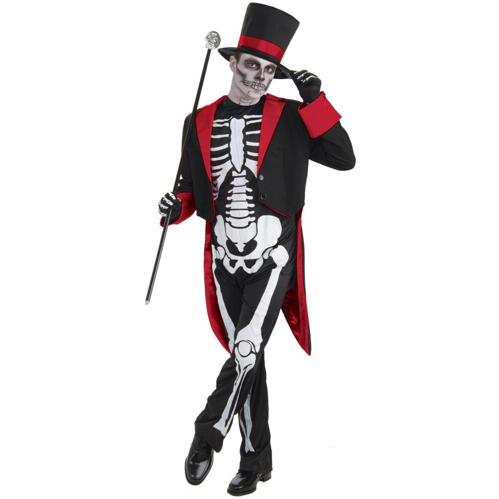 Front view of the black Bristol Novelty Mens Mr Bone Jangles Halloween costume featuring white skeleton print jumpsuit, black jacket, and top hat.