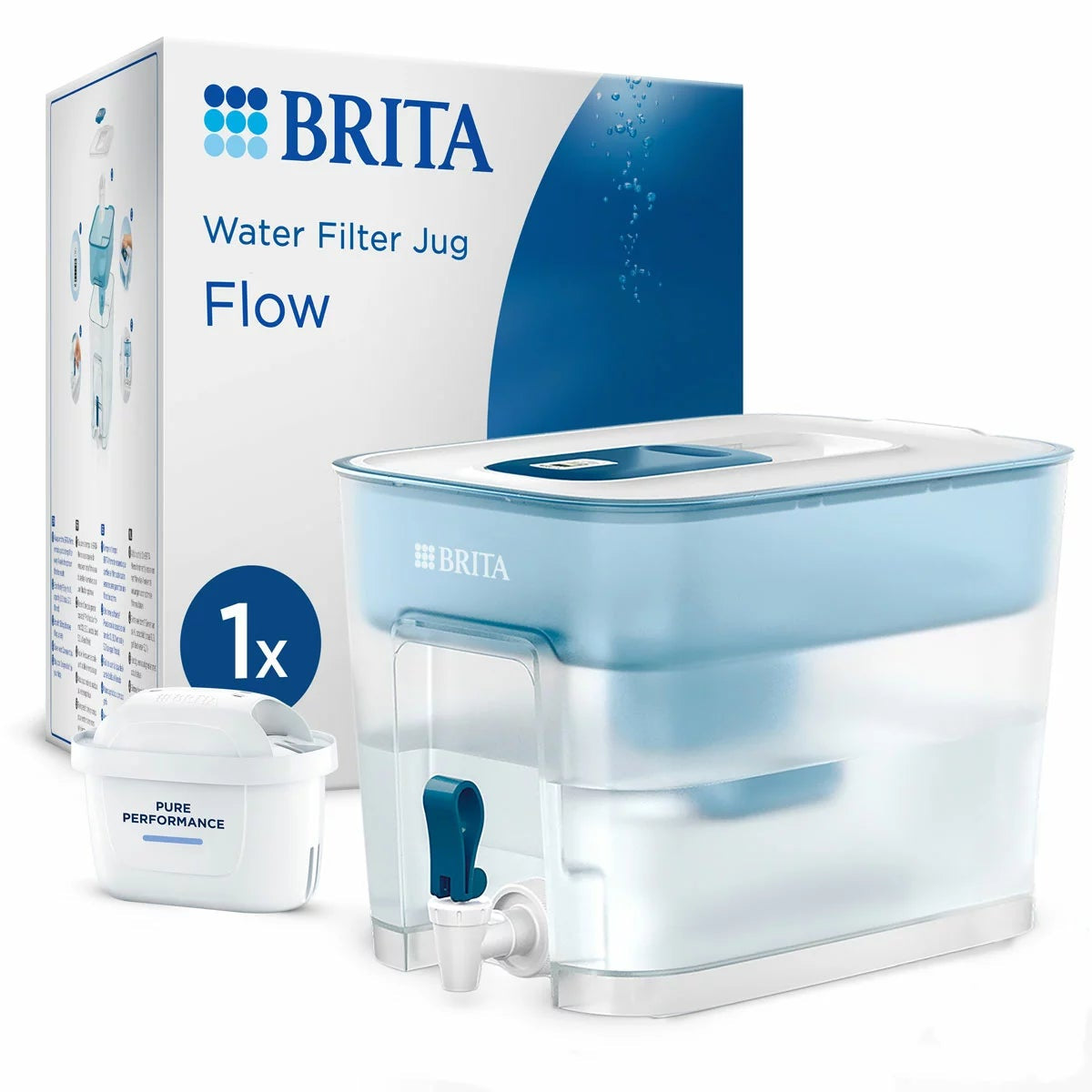 Transparent blue-tinted Brita Flow XXL 8.2L water filter tank with dispensing tap shown resting on a modern kitchen countertop.