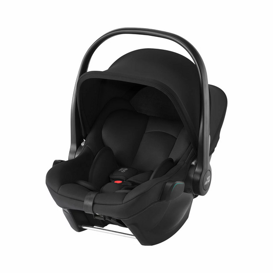 Close-up image of the adjustable headrest and 3-point safety harness on the Britax Romer Baby Safe Core i-Size infant carrier.