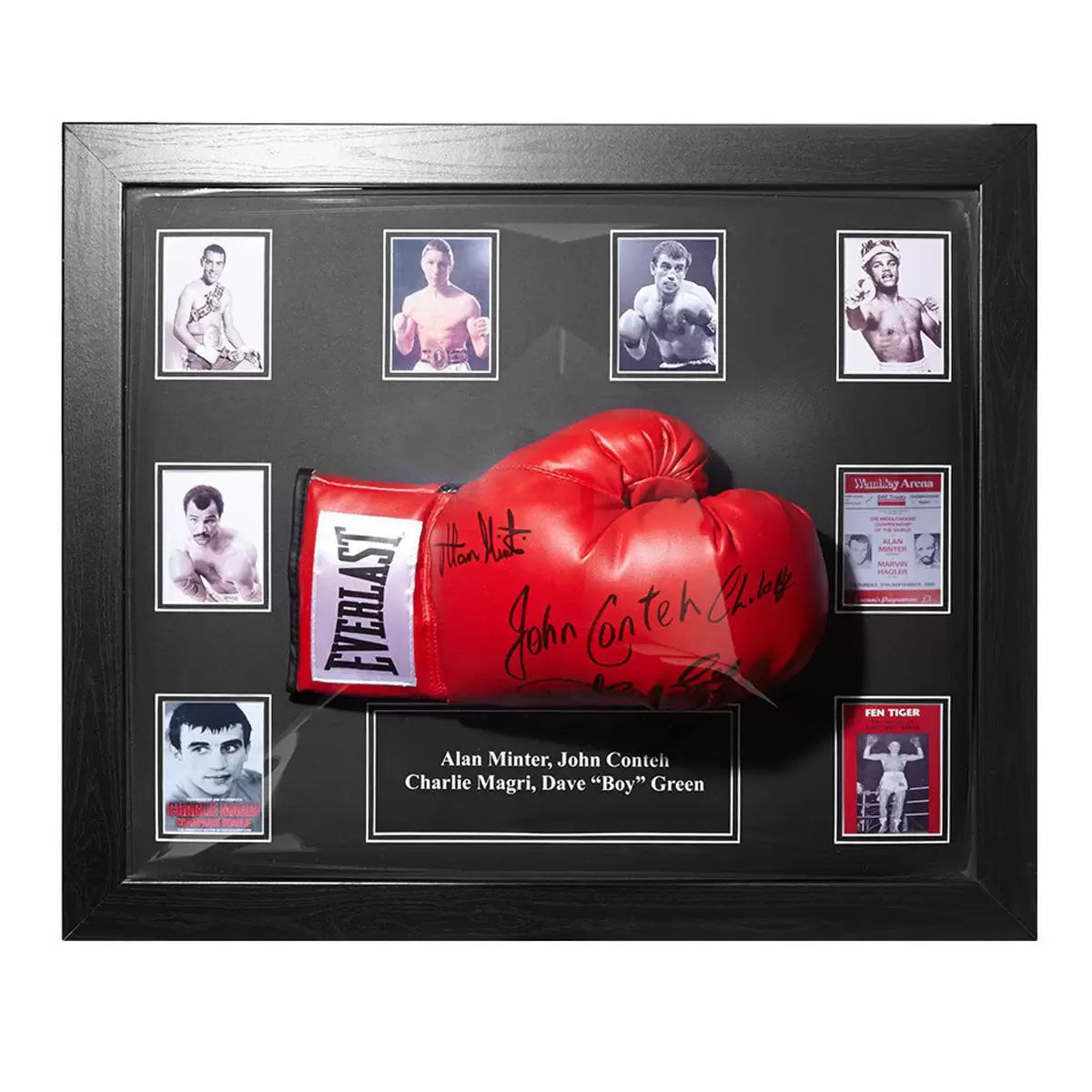 A professionally framed Everlast boxing glove hand-signed by four British boxing legends, showcased in a sleek black frame against a neutral background.
