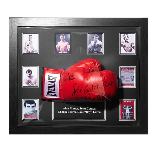 A professionally framed Everlast boxing glove hand-signed by four British boxing legends, showcased in a sleek black frame against a neutral background.