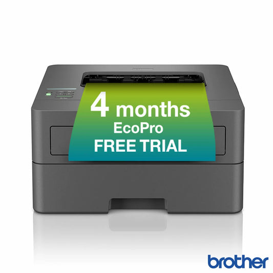 Front angle view of the compact black Brother HL-L2400DWE mono laser printer sitting on a minimalist wooden desk in a bright home office setting.