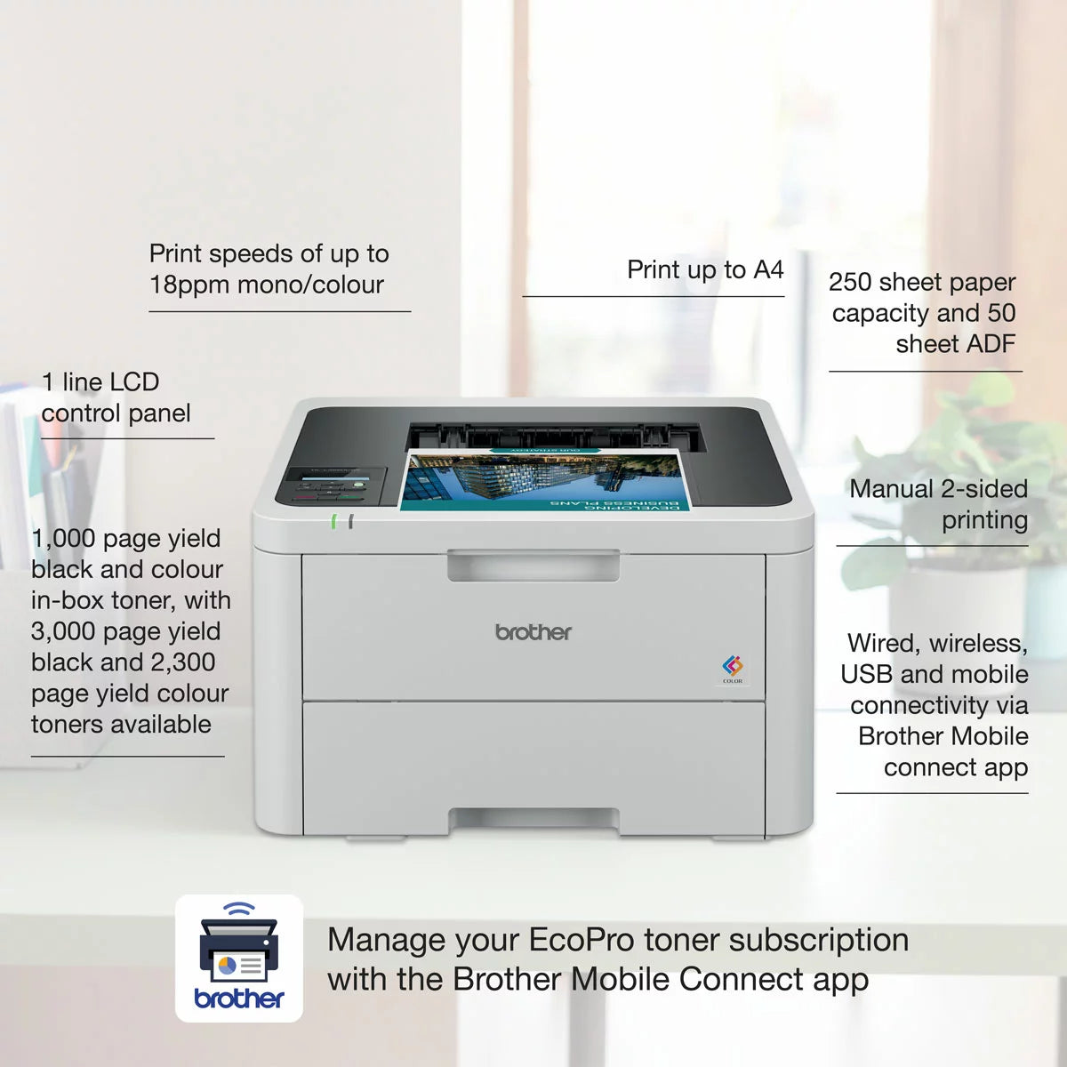 Brother HL-L3220CWE LED colour wireless printer compact home office printing device - 2