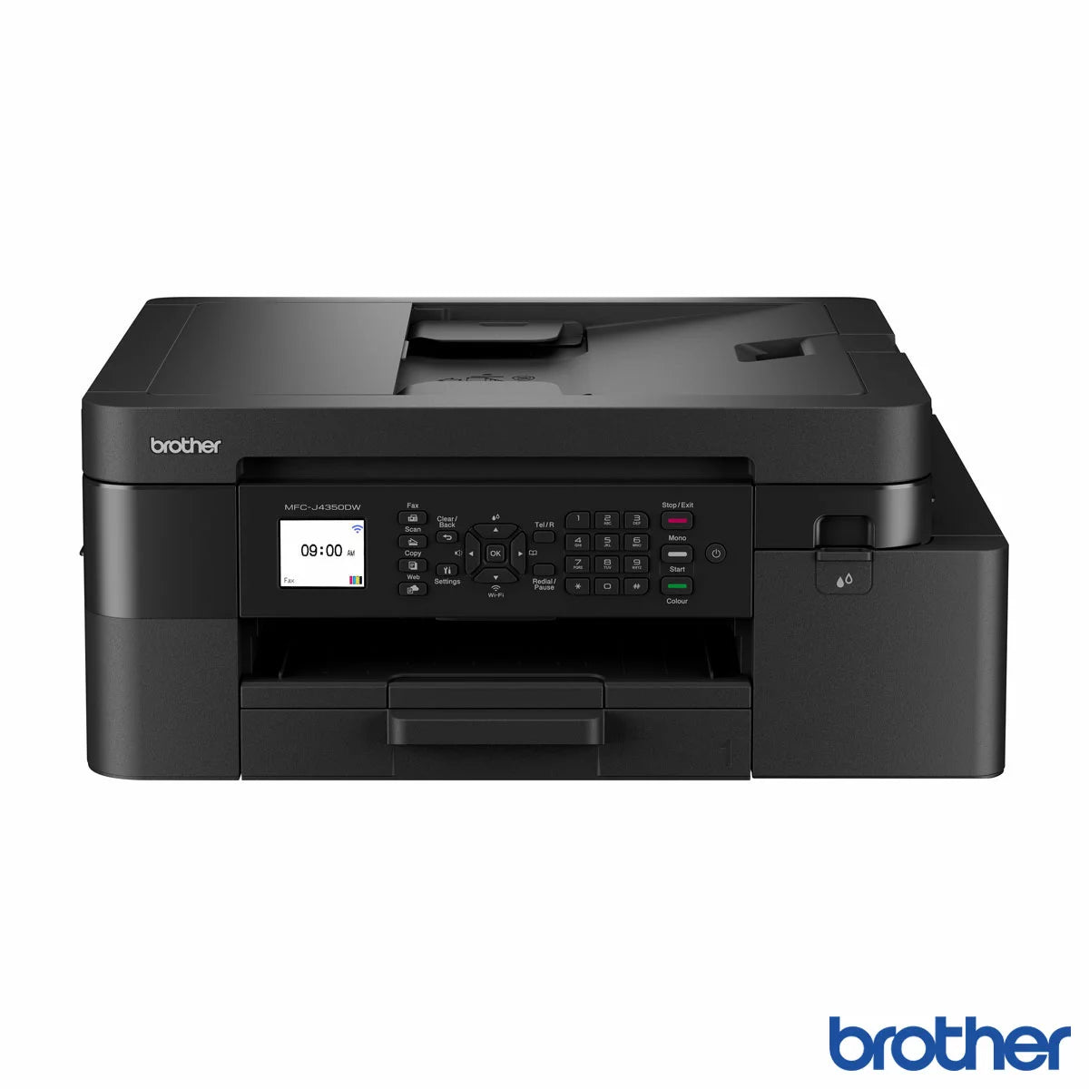 Front angle shot of the matte black Brother MFC-J4350DW printer displaying a vibrant chart on its colour screen, resting on a clean wooden office desk.