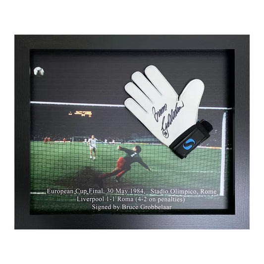 Authentic Bruce Grobbelaar signed framed Sondico goalkeeper glove with official Allstarsignings photo COA.