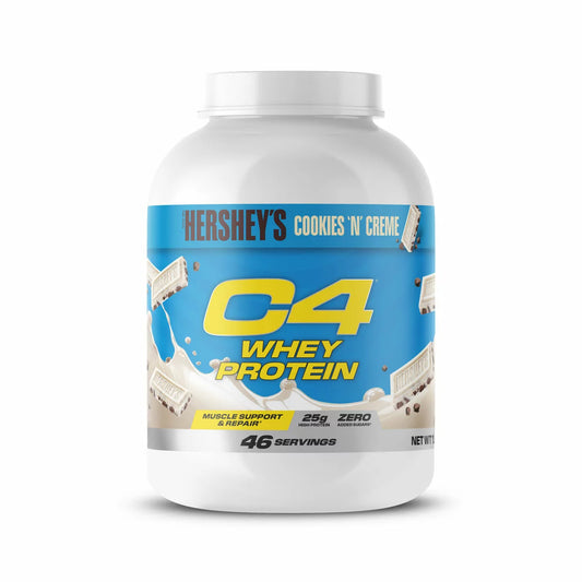 Front view of a 1.6kg tub of C4 Hershey's Cookies 'N' Creme Whey Protein Powder set against a clean white background showing product details.