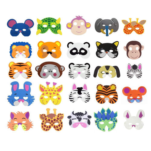 A colorful assortment of 25 COSORO EVA foam animal masks including tiger, monkey, and rabbit designs laid out with flexible elastic straps against a clean studio background.