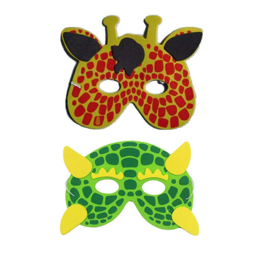 A colorful assortment of 25 COSORO EVA foam animal masks including tiger, monkey, and rabbit designs laid out with flexible elastic straps against a clean studio background.