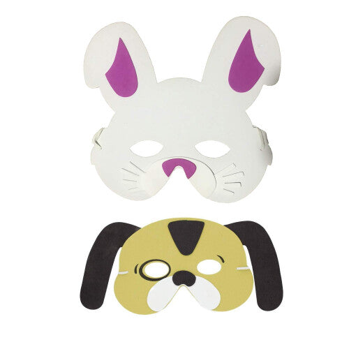 A colorful assortment of 25 COSORO EVA foam animal masks including tiger, monkey, and rabbit designs laid out with flexible elastic straps against a clean studio background.