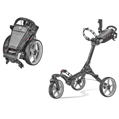 Side view of the grey Caddytek CaddyLite Auto+360 aluminium golf trolley parked on a lush green fairway, showcasing its wide-profile wheels and folded umbrella accessory in the holder.
