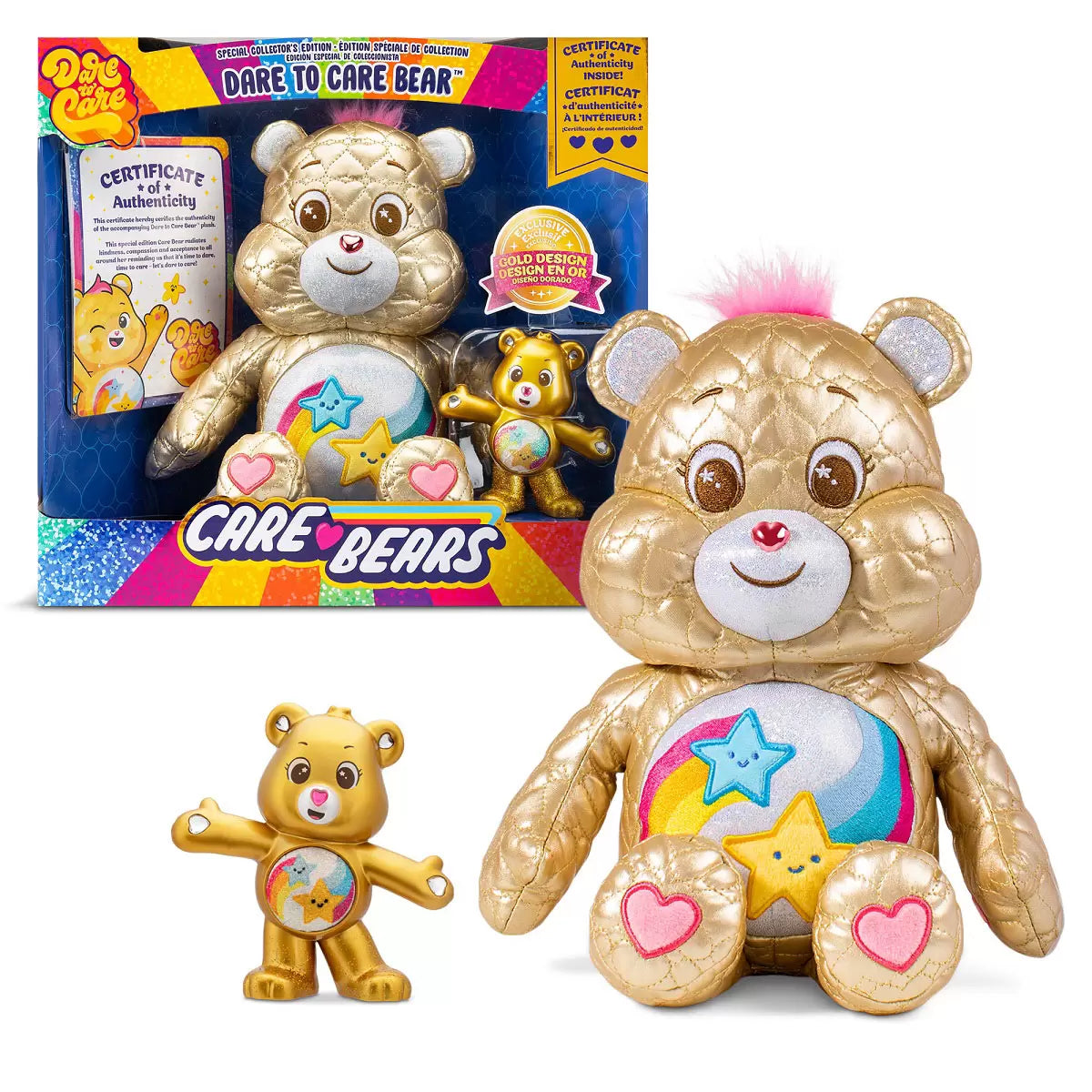 Front view of the 35cm limited edition gold Dare To Care Bear plush sitting upright against a neutral studio backdrop.