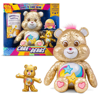 Front view of the 35cm limited edition gold Dare To Care Bear plush sitting upright against a neutral studio backdrop.