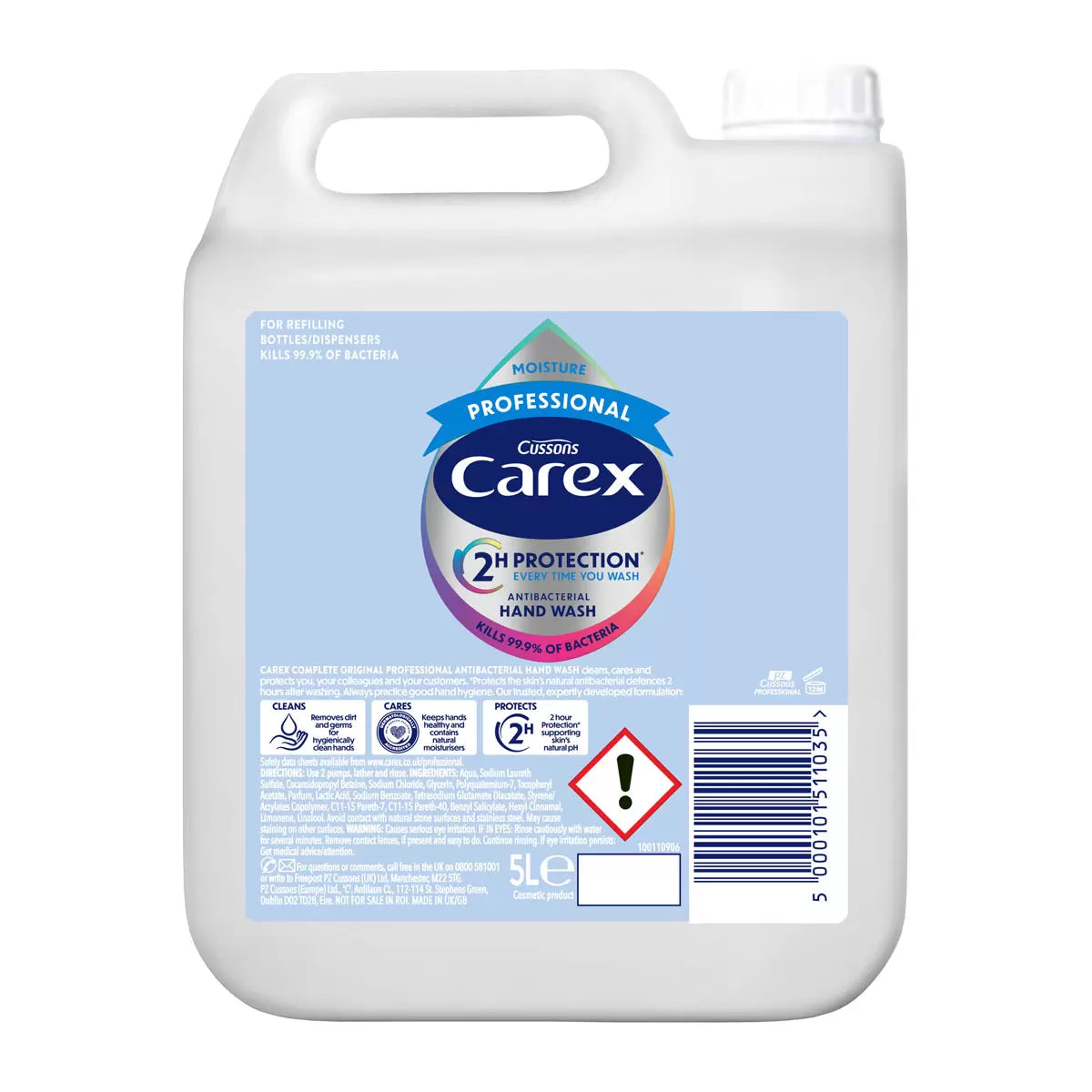 A 5L white bottle of Carex Professional Moisture Handwash standing in a clean, brightly lit professional washroom setting.