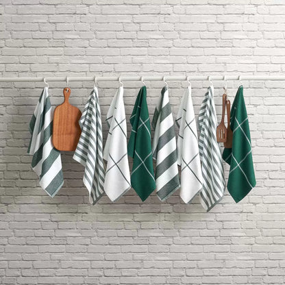 Pack of eight Caro Home kitchen towels in three assorted colours displayed for kitchen cleaning and drying.