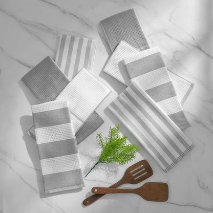 Pack of eight Caro Home kitchen towels in three assorted colours displayed for kitchen cleaning and drying.