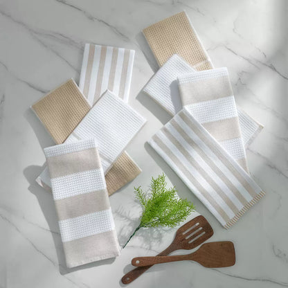 Pack of eight Caro Home kitchen towels in three assorted colours displayed for kitchen cleaning and drying.