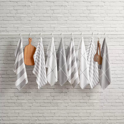 Pack of eight Caro Home kitchen towels in three assorted colours displayed for kitchen cleaning and drying.