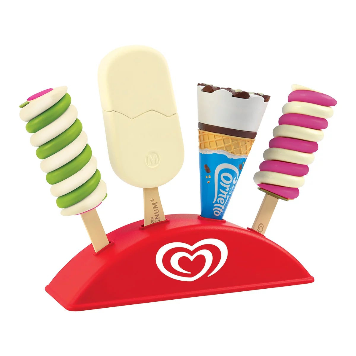 Front view of the colorful plastic Casdon Walls Deluxe Ice Cream Parlour Playset featuring toy ice cream cones, scoops, plastic tubs, and play money set up on a white background.