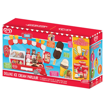 Front view of the colorful plastic Casdon Walls Deluxe Ice Cream Parlour Playset featuring toy ice cream cones, scoops, plastic tubs, and play money set up on a white background.