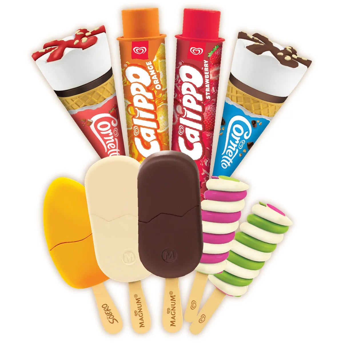 Front view of the colorful plastic Casdon Walls Deluxe Ice Cream Parlour Playset featuring toy ice cream cones, scoops, plastic tubs, and play money set up on a white background.
