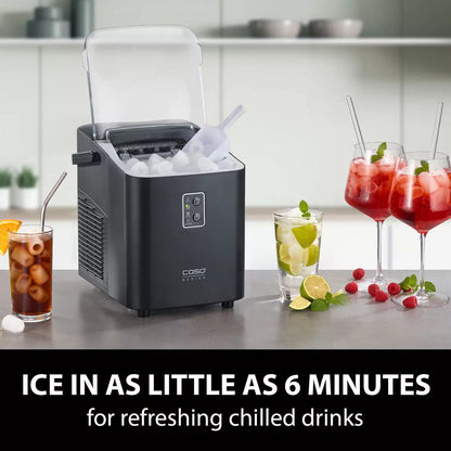 Caso IceChef Compact Ice Cube Maker producing fresh ice cubes on a kitchen countertop with compact portable design