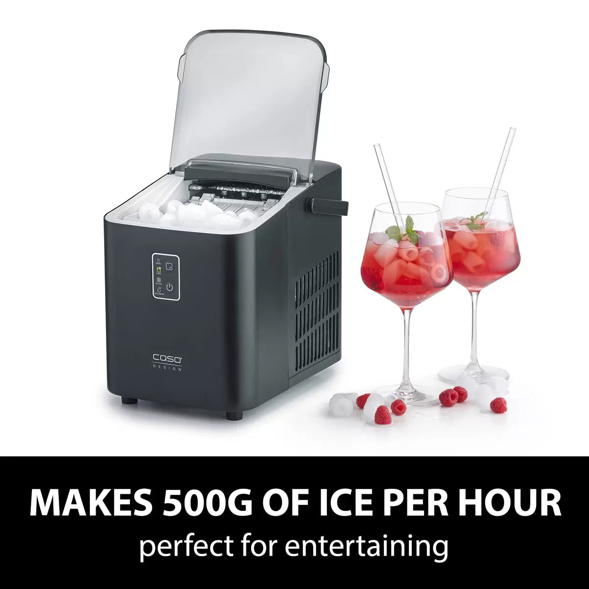 Caso IceChef Compact Ice Cube Maker producing fresh ice cubes on a kitchen countertop with compact portable design