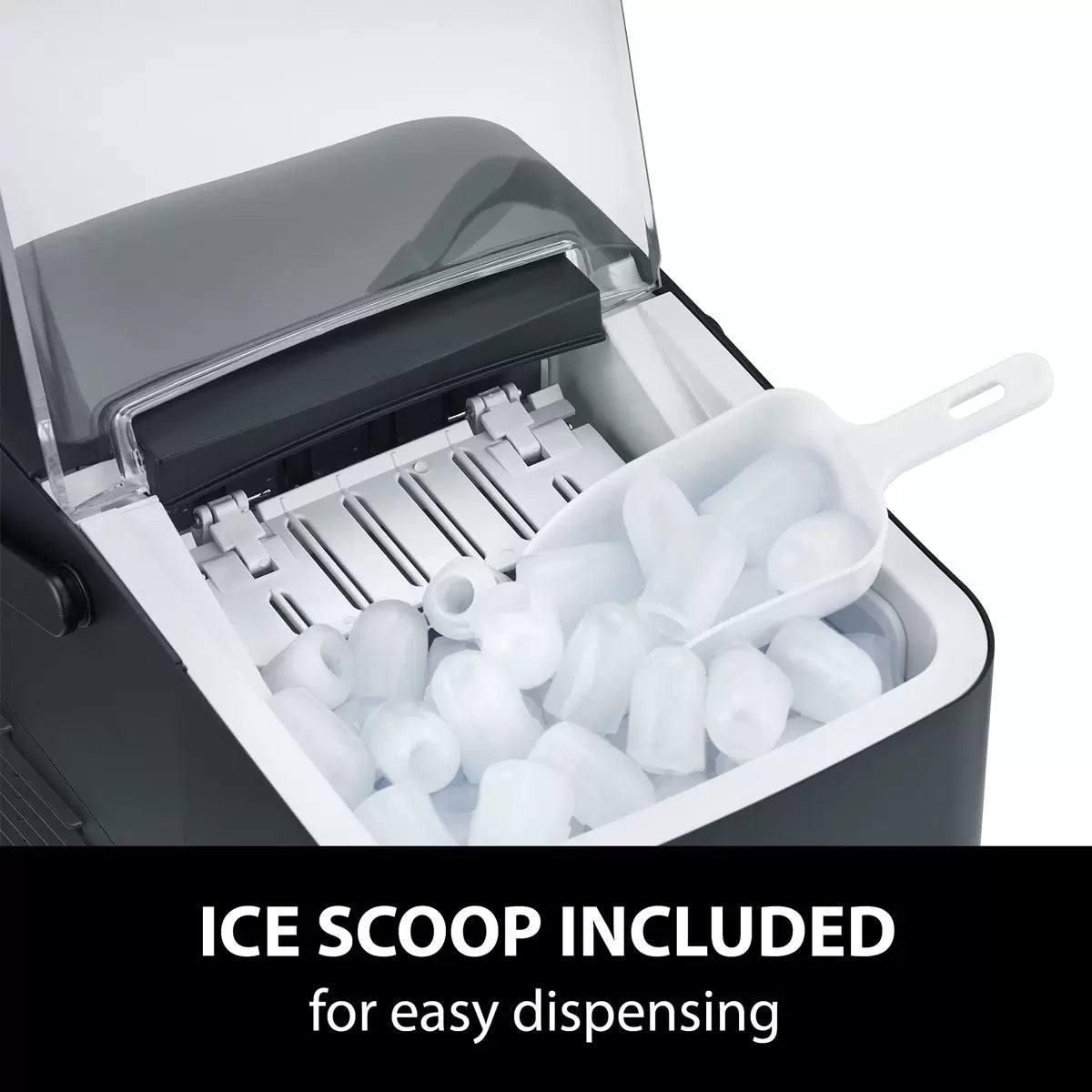 Caso IceChef Compact Ice Cube Maker producing fresh ice cubes on a kitchen countertop with compact portable design