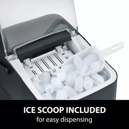 Caso IceChef Compact Ice Cube Maker producing fresh ice cubes on a kitchen countertop with compact portable design
