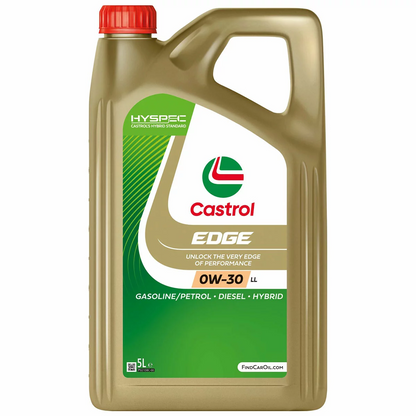 Front angle shot of a 5L green container of Castrol EDGE 0W-30 LL fully synthetic engine oil with gold label highlighting ACEA C3 specifications.
