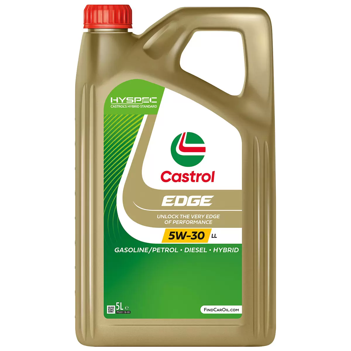 Front view of a green 5-litre jug of Castrol Edge 5W-30 LL engine oil showing the gold label with TITANIUM FST branding and VW approval ratings.