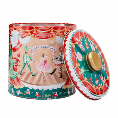 Front view of the Cath Kidston Nutcracker decorative metal tin displayed alongside six festive bath and body care products against a neutral background.