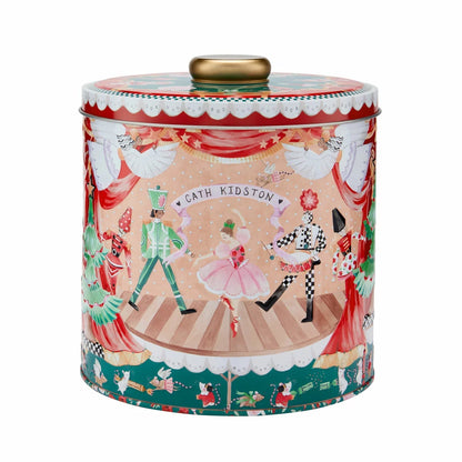 Front view of the Cath Kidston Nutcracker decorative metal tin displayed alongside six festive bath and body care products against a neutral background.