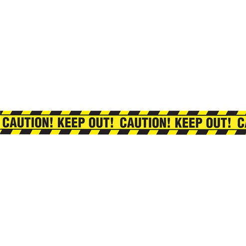 Bright yellow plastic caution tape stretched taut across a dark wooden doorway for party decoration.
