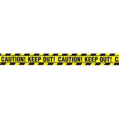 Bright yellow plastic caution tape stretched taut across a dark wooden doorway for party decoration.