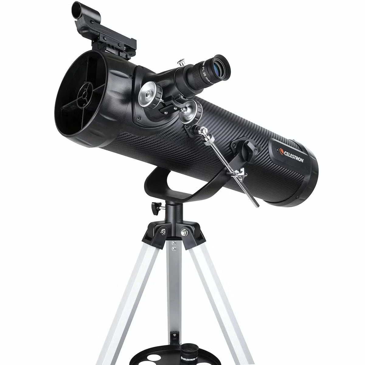 Carbon fibre finish Celestron 114AZ-SR reflector telescope on an aluminum tripod with a smartphone mounted to the eyepiece.