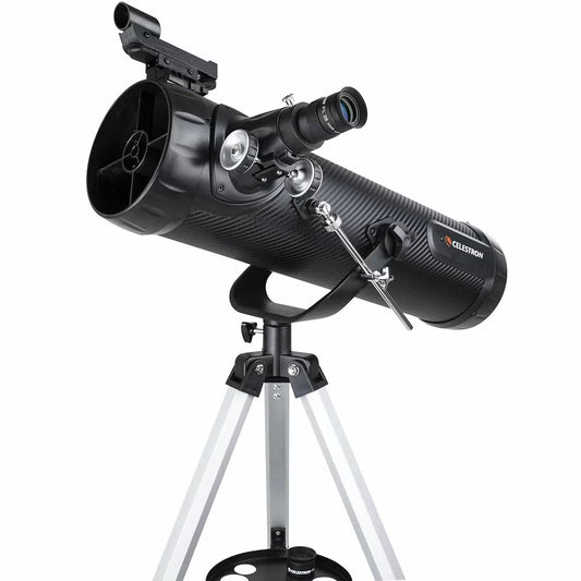 Carbon fibre finish Celestron 114AZ-SR reflector telescope on an aluminum tripod with a smartphone mounted to the eyepiece.