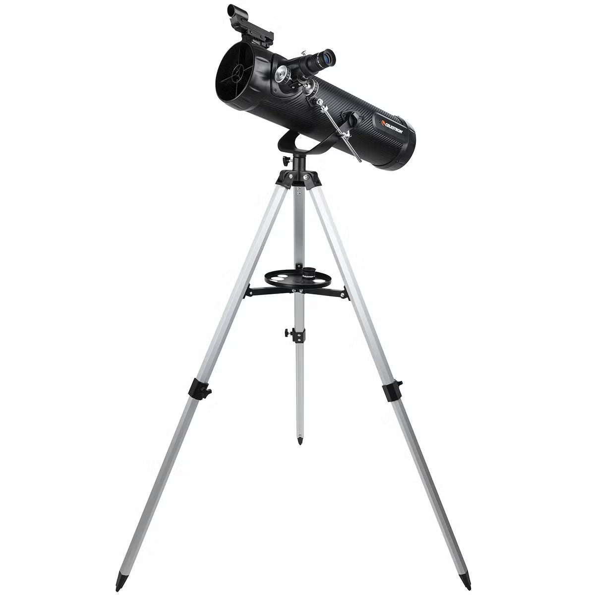 Carbon fibre finish Celestron 114AZ-SR reflector telescope on an aluminum tripod with a smartphone mounted to the eyepiece.