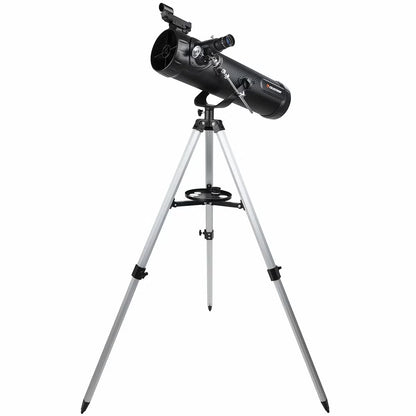 Carbon fibre finish Celestron 114AZ-SR reflector telescope on an aluminum tripod with a smartphone mounted to the eyepiece.