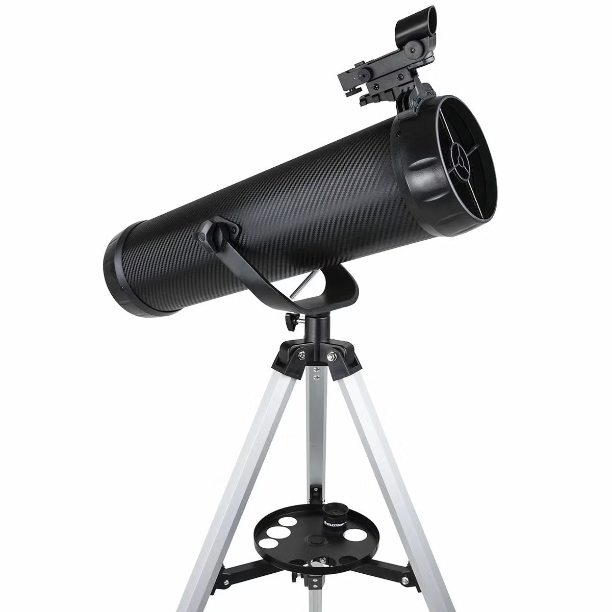 Carbon fibre finish Celestron 114AZ-SR reflector telescope on an aluminum tripod with a smartphone mounted to the eyepiece.