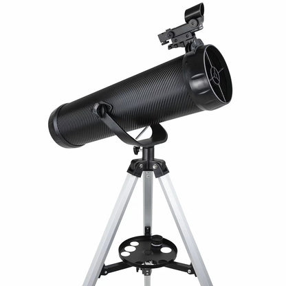 Carbon fibre finish Celestron 114AZ-SR reflector telescope on an aluminum tripod with a smartphone mounted to the eyepiece.