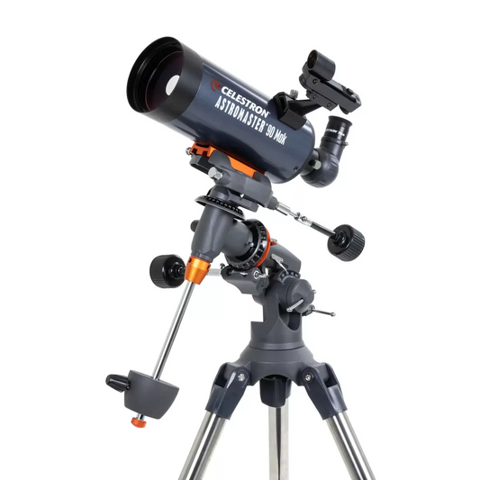 Profile shot of the metallic blue Celestron 90EQ Astromaster Maksutov-Cassegrain telescope mounted on its steel equatorial tripod, positioned against a clean minimalist studio backdrop.