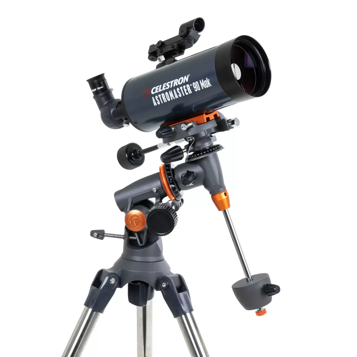 Profile shot of the metallic blue Celestron 90EQ Astromaster Maksutov-Cassegrain telescope mounted on its steel equatorial tripod, positioned against a clean minimalist studio backdrop.