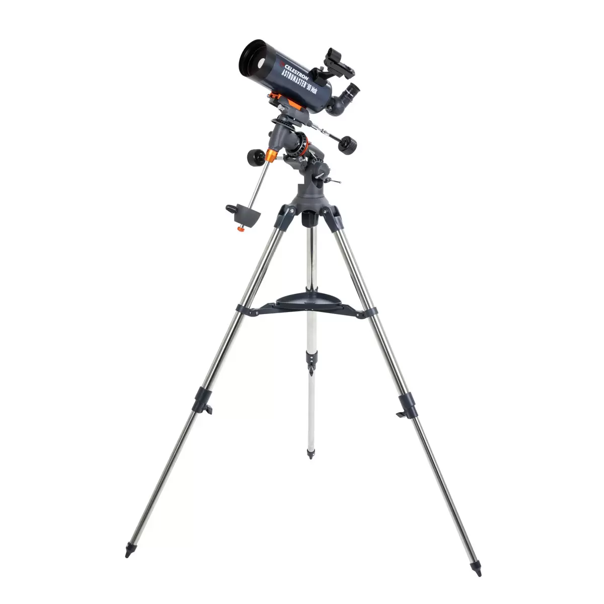 Profile shot of the metallic blue Celestron 90EQ Astromaster Maksutov-Cassegrain telescope mounted on its steel equatorial tripod, positioned against a clean minimalist studio backdrop.
