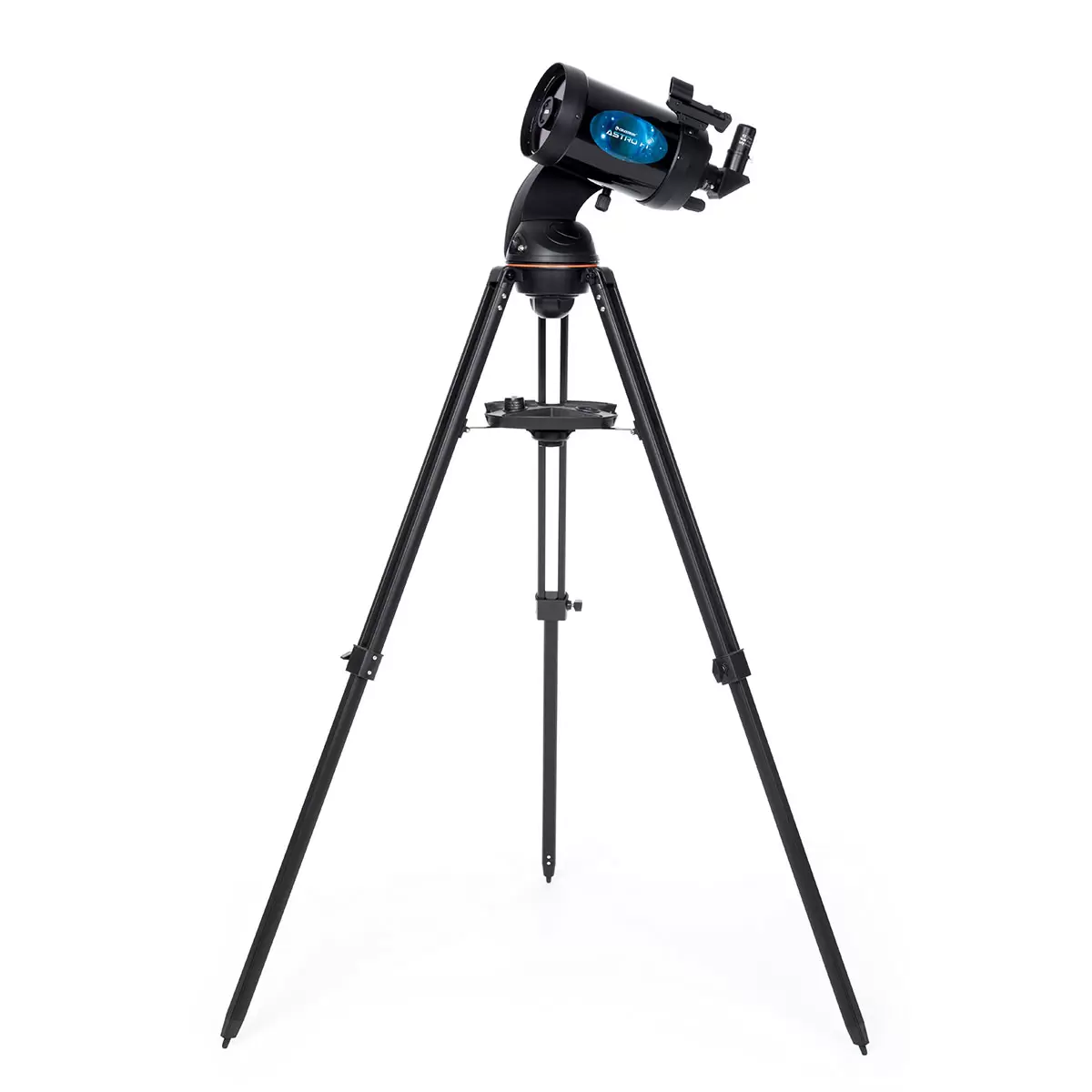 Three-quarter studio angle of the black Celestron Astro Fi 5 inch Schmidt-Cassegrain telescope mounted on its aluminum tripod with a smartphone docked onto the eyepiece adapter.