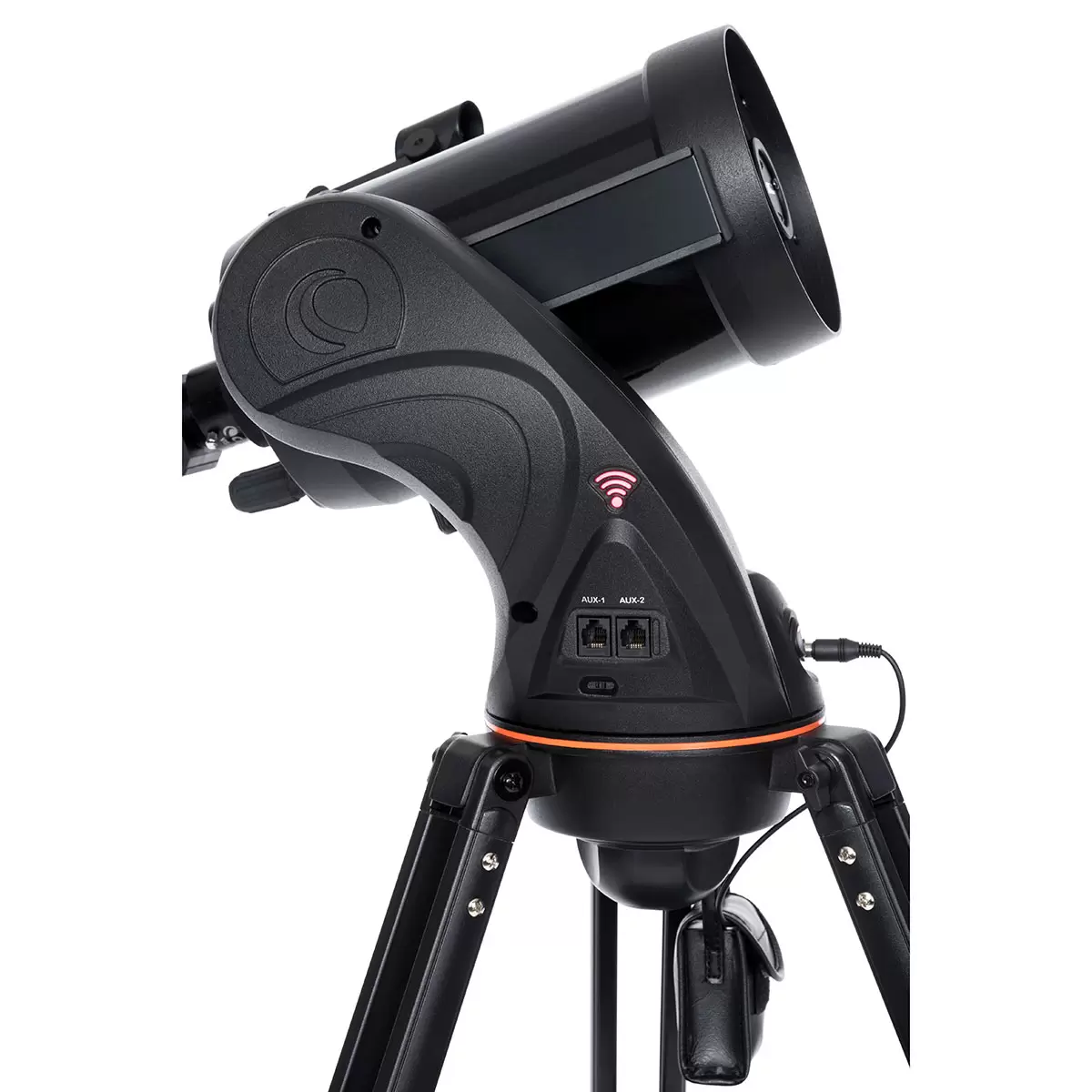 Three-quarter studio angle of the black Celestron Astro Fi 5 inch Schmidt-Cassegrain telescope mounted on its aluminum tripod with a smartphone docked onto the eyepiece adapter.