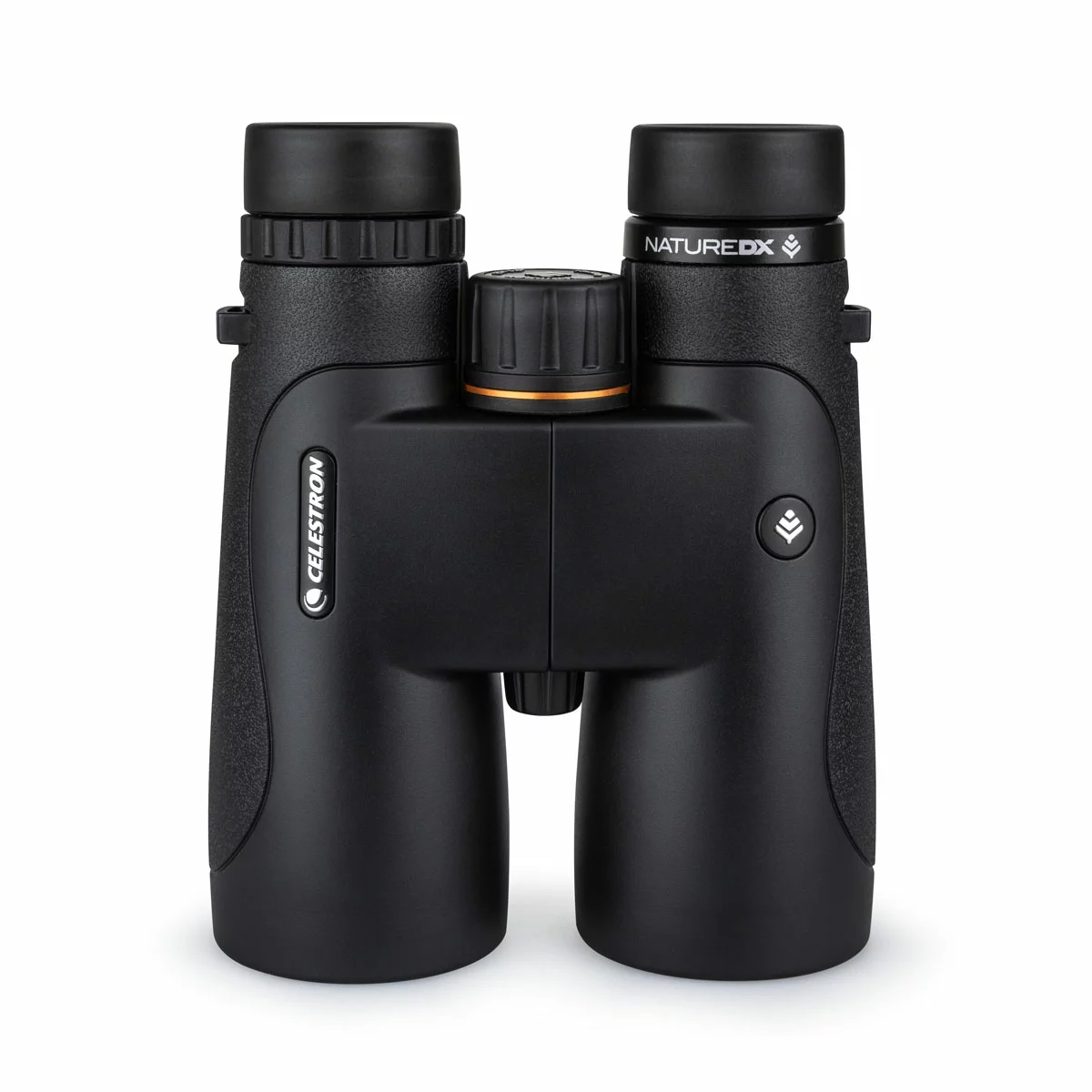 Front angle view of the dark green Celestron Nature DX 10x50mm binocular showing the massive multi-coated objective lenses resting on a mossy rock.