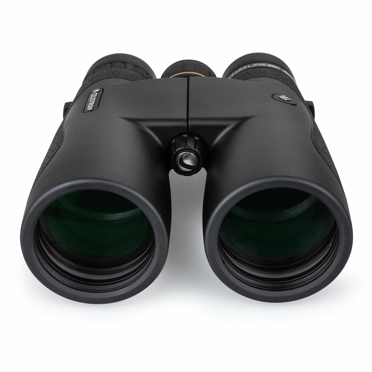 Front angle view of the dark green Celestron Nature DX 10x50mm binocular showing the massive multi-coated objective lenses resting on a mossy rock.